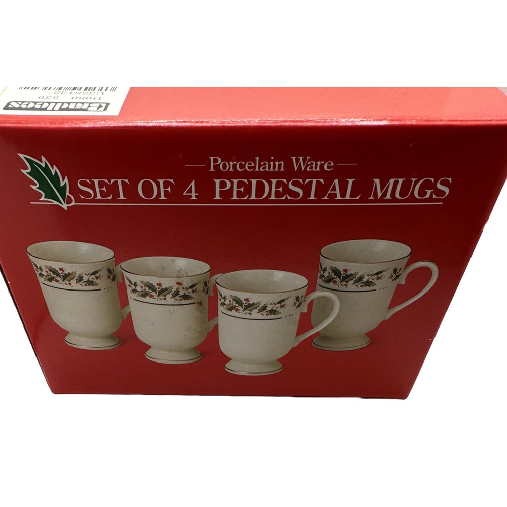 Vintage Set of 4 Irish Mugs Brand New In Box. Pedestal Base Holly &‎ Berries.